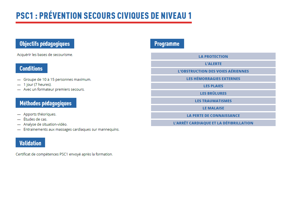 PSC1 : Prévention Secours Civiques de niveau 1